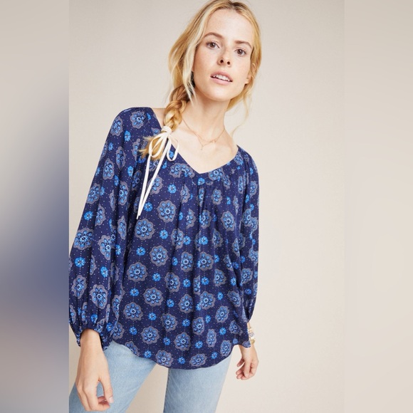 Anthropologie Tops - Anthropologie MAEVE Boswell Blue Peasant Longsleeve Blouse US size 6 M Medium
